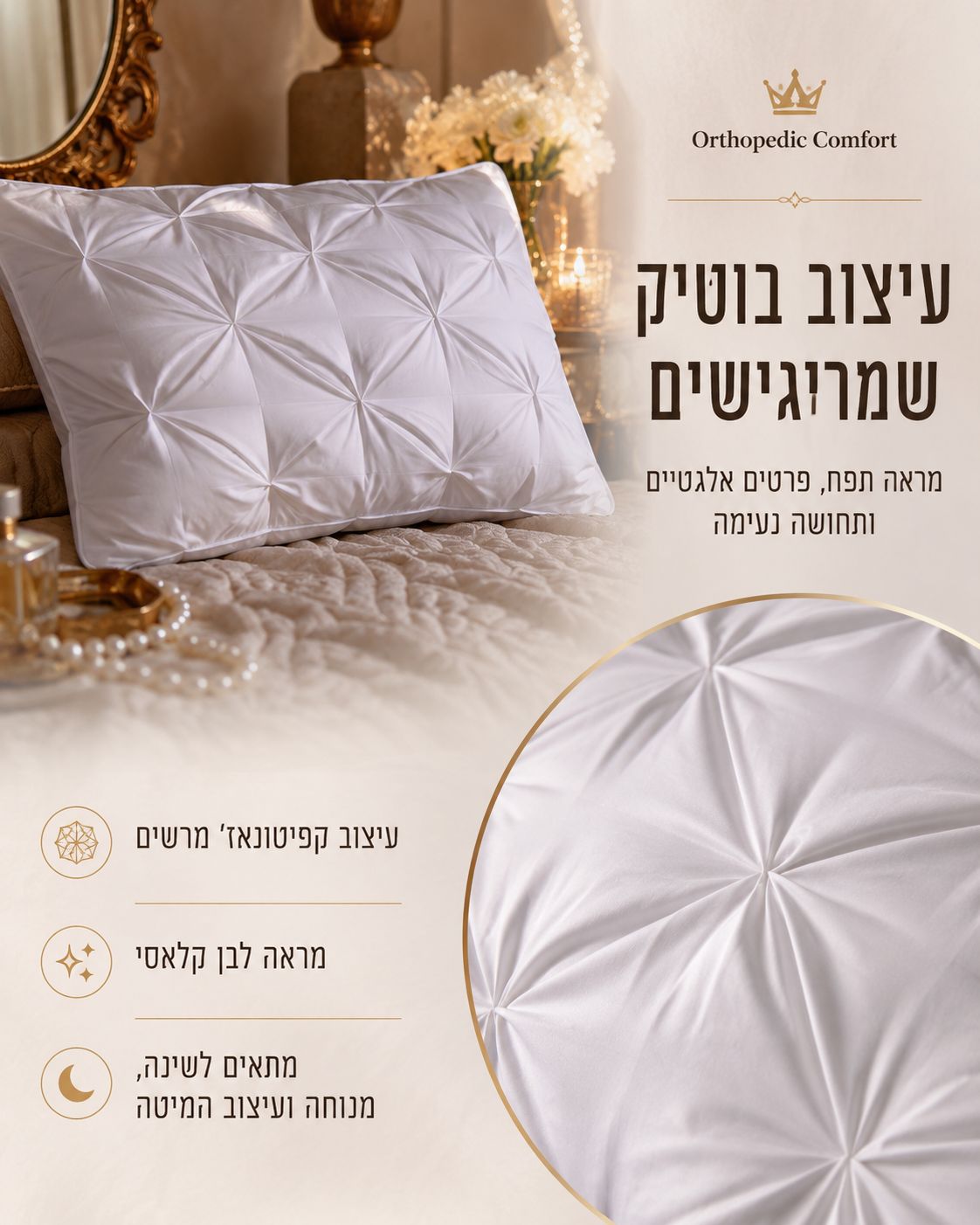 כרית בוטיק יוקרתית לשינה — מידות / מפרט / יתרונות