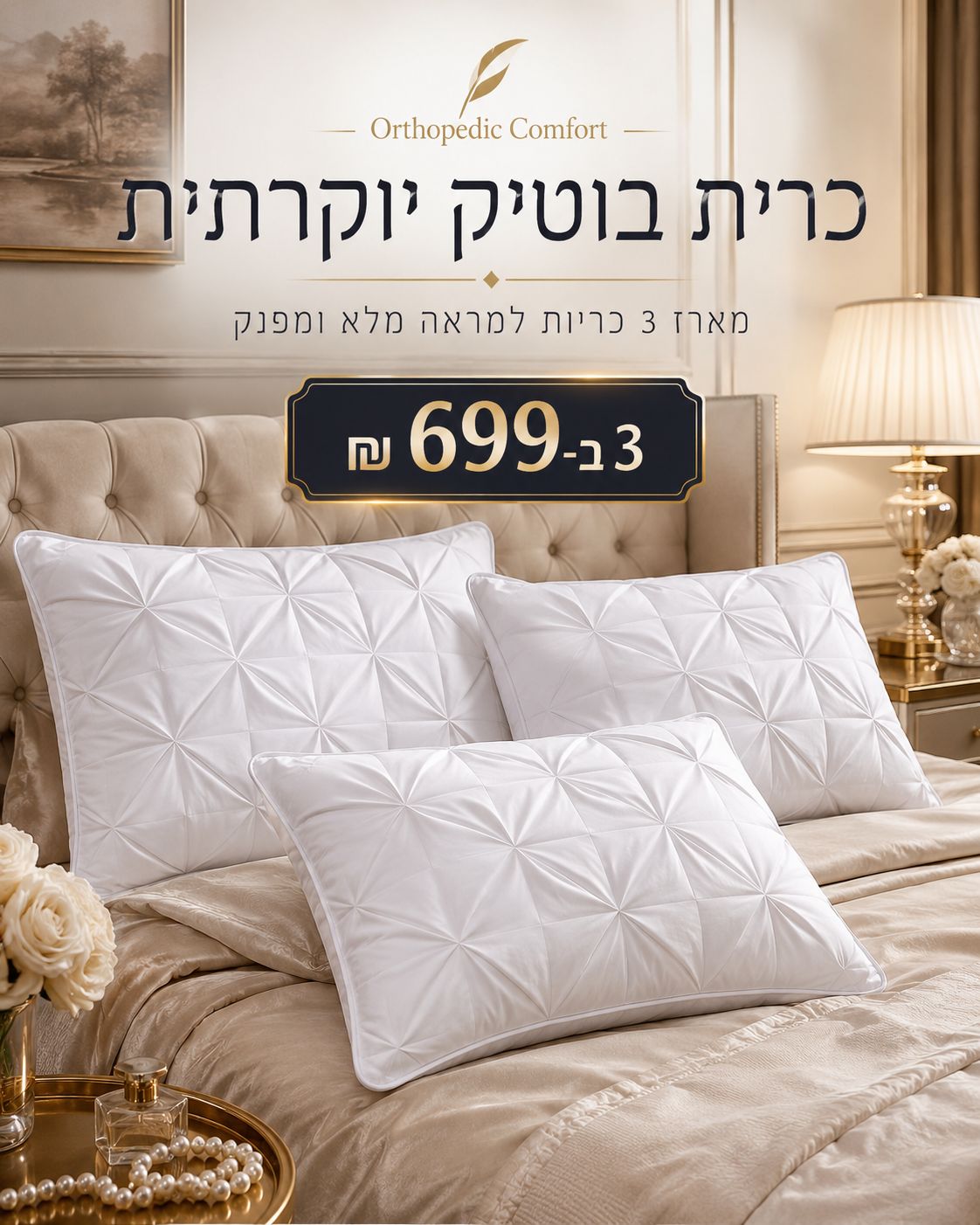 כרית בוטיק יוקרתית לשינה — תקריב חומר / מרקם / איכות