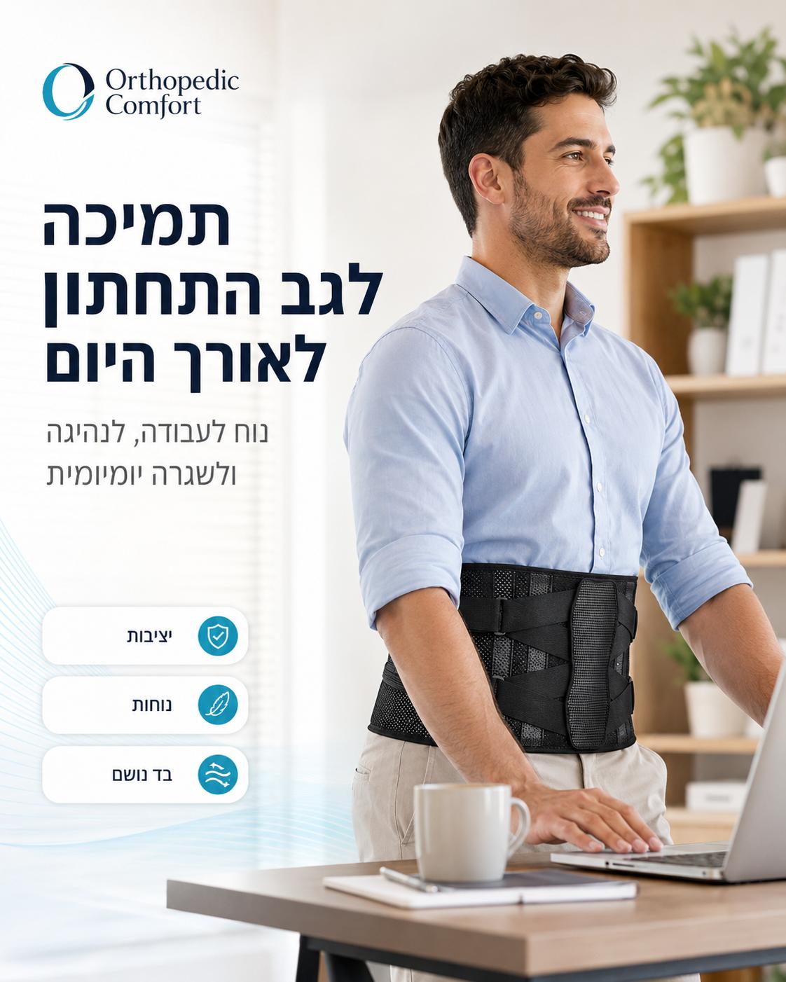 חגורת תמיכה לגב תחתון עם לוח תמיכה קשיח — תקריב חומר / מרקם / איכות